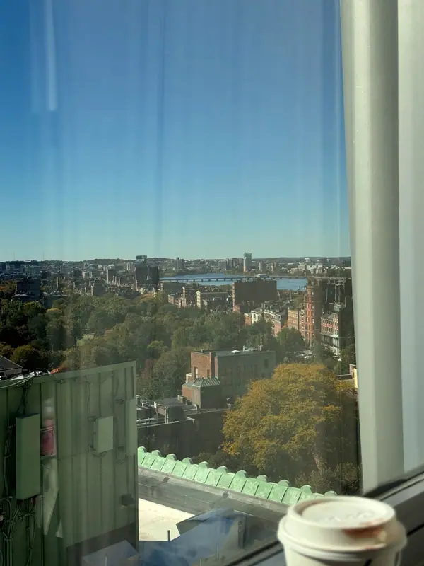 City view through a window at Hotel AKA Boston Common