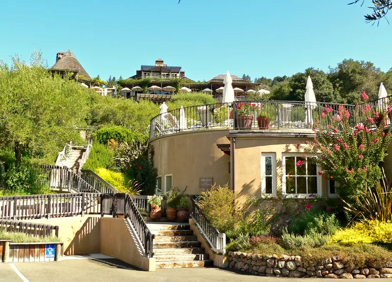 Terraced gardens and buildings at Auberge du Soleil above the Napa Valley