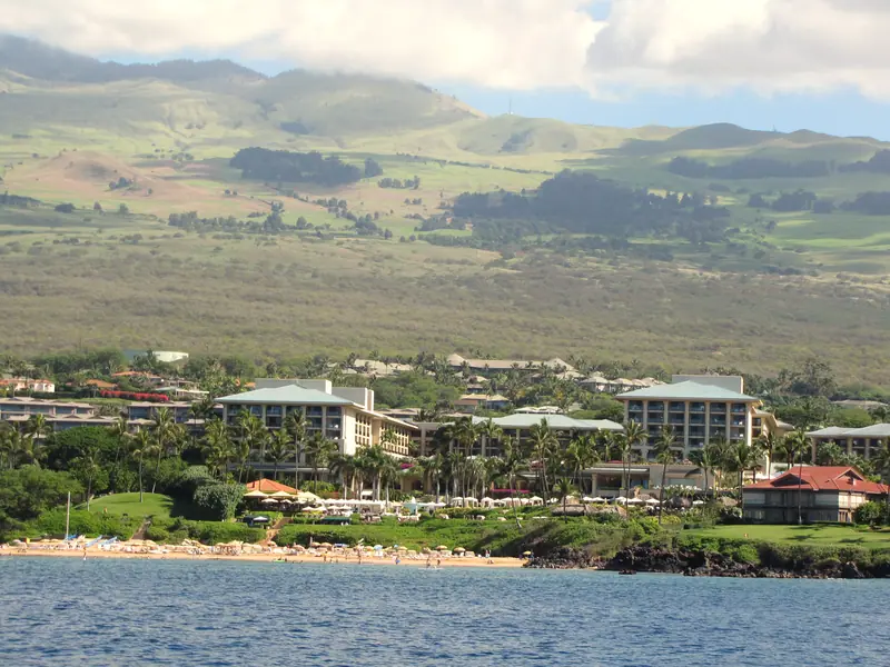 Starr-091223-1170-Roystonea regia-habitat view Four Seasons Resort from Ohua boat-Wailea-Maui