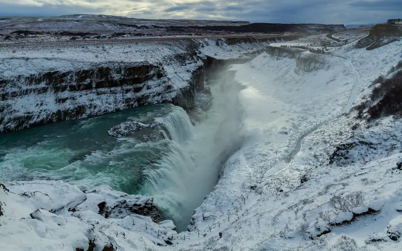 Gullfoss waterfall in snow, a stop on this Iceland tour