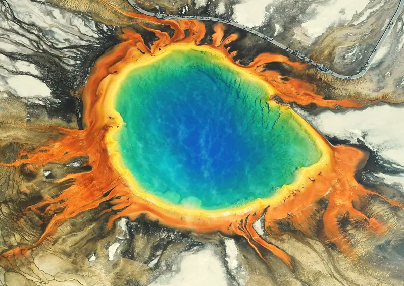 Aerial image of Grand Prismatic Spring (view from the south), at Majestic Montana & Yellowstone (AZ), Small Group Discovery