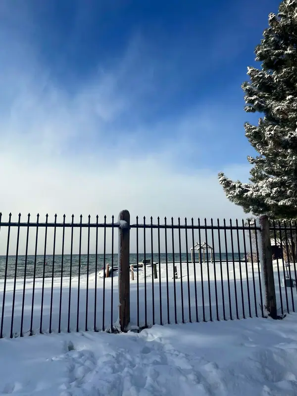 Snowy view over Lake Tahoe from beside The Landing Resort & Spa