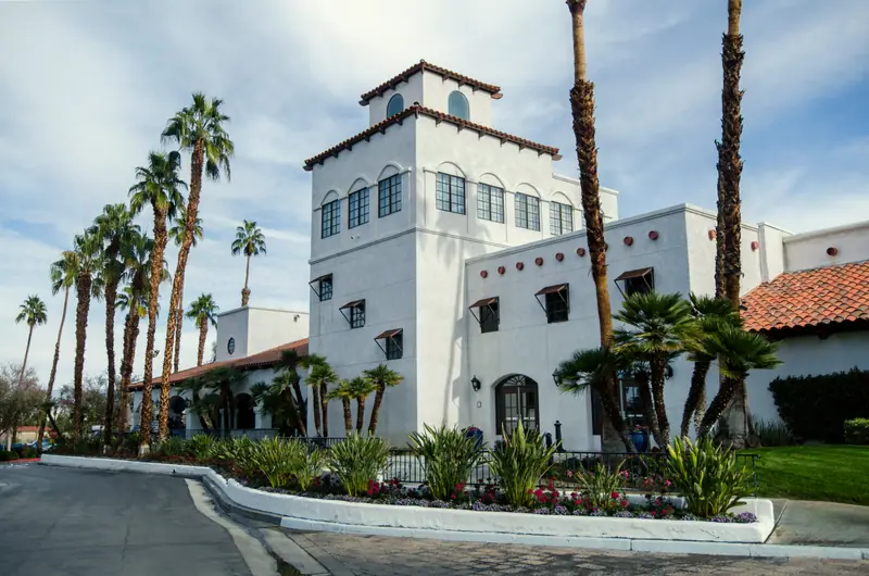 The white Spanish-style tower and palms at Omni Rancho Las Palmas, Rancho Mirage