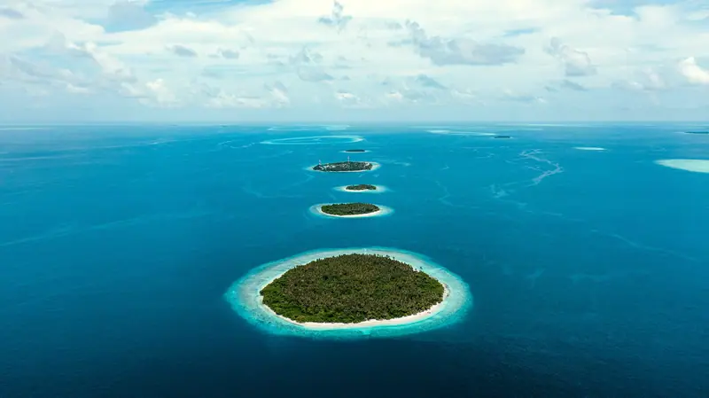 Panorama of the island and lagoon at Soneva Fushi, Maldives